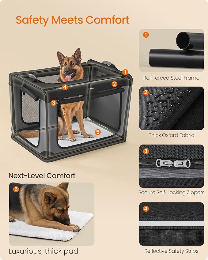 Feandrea Collapsible Dog Crate, 42-Inch Portable Dog Travel Crate for Large Dogs, Oxford Fabric Pet Carrier with 4 Mesh Doors, Handles, Storage Pocket, Water Bottle Holder, Ink Black UPDC021B01-PawvioPets