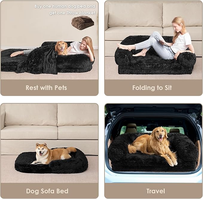 EHEYCIGA Foldable Human Dog Bed, Orthopedic Memory Foam Human Sized Dog Bed, Waterproof Pet Bed for People, Faux Fur Pet Couch for Adult, Black, 72"x44"x11"-PawvioPets