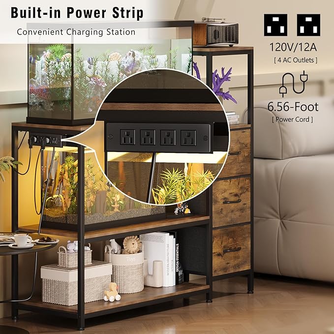 20 Gallon Aquarium Stand with Power Outlets Fish Tank Stand with 3 Drawers Metal Frame Heavy Duty Reptile Tank Stand with 3-Tier Storage Shelves,Left/Right Assembly, Adjustment Height-PawvioPets
