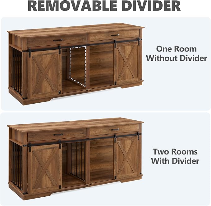 72.5" Extra Large Furniture Style Double Dog Crates for Large Breeds, XXL Wooden Dog Kennel Furniture with Drawers, Divider, Water Resistant & Barn Door for 2 Dogs, Rustic Oak-PawvioPets