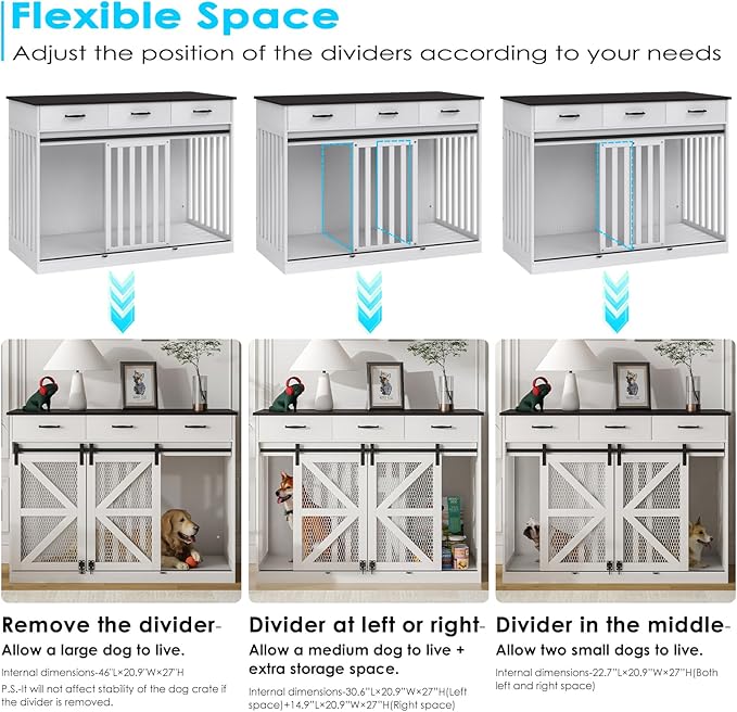 48'' Dog Crate Furniture with Divider&Storage Drawers, Wooden Double Dog Kennel Furniture End Table with Sliding Barn Doors, White Double Dog Crate TV Stand-PawvioPets