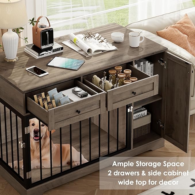 Dog Crate Furniture Kennel with Double Doors Wooden Pet House with 2 Drawers and Storage Cabinet, Indoor Dog Cage Farmhouse Modern Side End Table for Small Medium Dogs, Rustic-PawvioPets