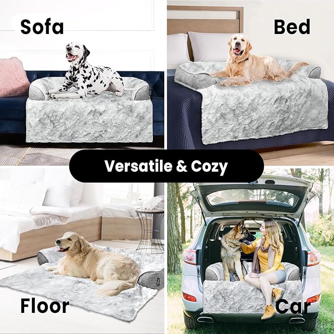 Calming Dog Couch Bed for Medium Dogs/Cats, 35 x 31 inch Waterproof Removable Pet Mat Couch Cover for Furniture Protector, Non-Slip Fluffy Pelsbarn Dog Bed for Couch, Sofa - Tie-Dye Grey-PawvioPets
