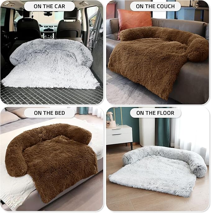 GGIB Calming Dog Bed Fluffy Plush Dog Mat for Furniture Protector with Removable Washable Cover for Large Medium Small Dogs and Cats (Large, Brown)-PawvioPets