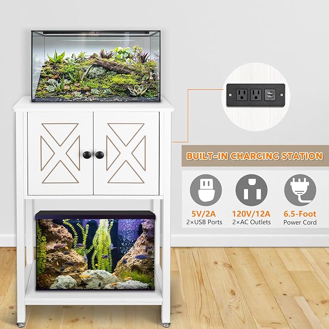 5-10 Gallon Fish Tank Stand, Heavy Duty Aquarium Stand with Cabinet & Power Outlets for Fish Tank Accessories Storage, Double Reptile Terrarium Stand 20.5" L* 11" W Tabletop, White-PawvioPets