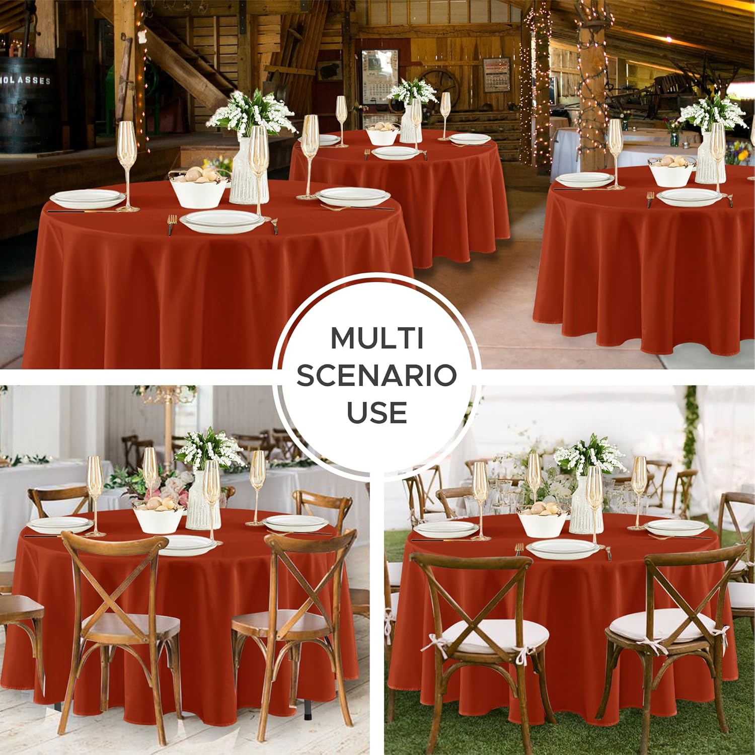 Fitable 8 Pack Round Tablecloths: Stain Resistant Wrinkle Free Fall Table Clothes, Washable Reusable Polyester Table Covers for Wedding Thanksgiving Party Birthday Banquet Reception(Rust, 120 Inch)