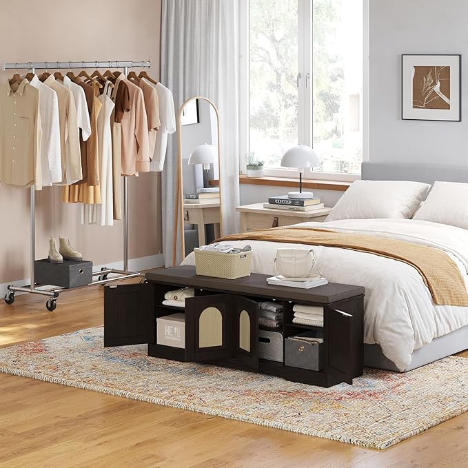 DINZI LVJ Shoe Bench, Entryway Storage Bench with Doors, Cushion, 2-Tier Shoe Rack with 8-Cubby, 47.2”L x 13.8”W Shoe Organizer Cabinet, Adjustable Shelf, Living Room, Bedroom, Espresso with Rattan-PawvioPets