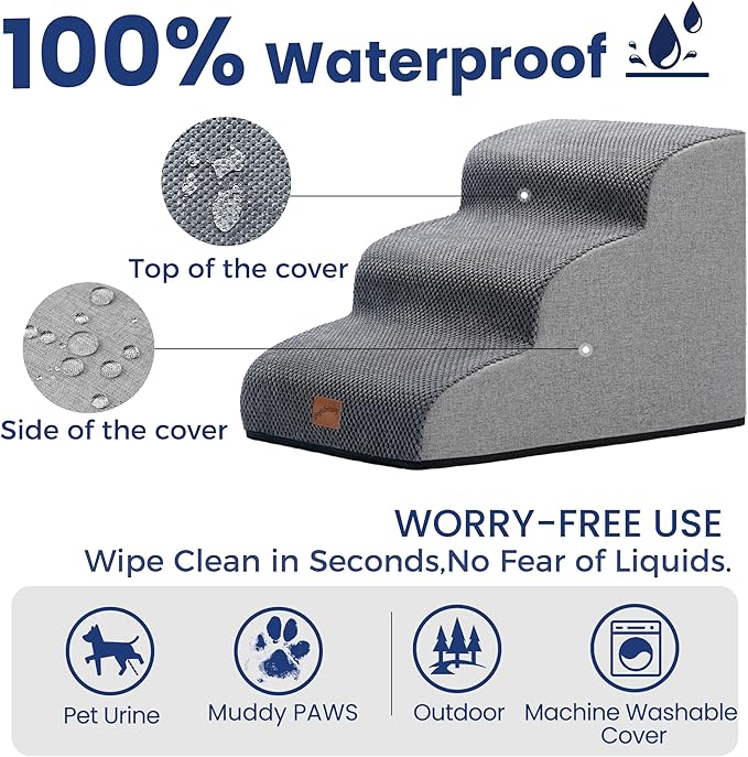 GoGoBunny Ramp Dog Stairs for Couch Sofa and Chair 15.7" H, 3-Step Pet Steps for Small Dogs and Cats, Non-Slip Waterproof Fabric Cover, Stable and Balanced Indoor Step, Pets Friendly, Grey-PawvioPets