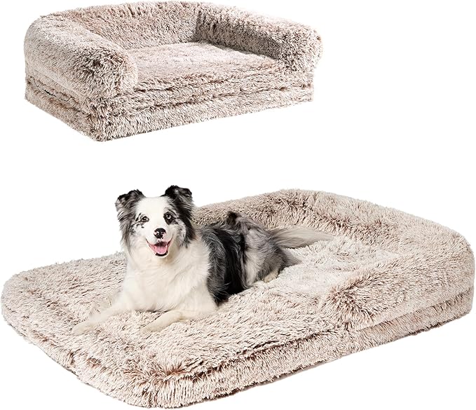 EHEYCIGA Foldable XXL Dog Bed, Faux Fur Fluffy Pet Couch Bed for Extra Large Dogs, Orthopedic Calming Memory Foam Pet Bed, Washable Soft Pet Sofa Bed with Non-Slip Bottom, Faded Brown, 54"x38"x7.5"-PawvioPets