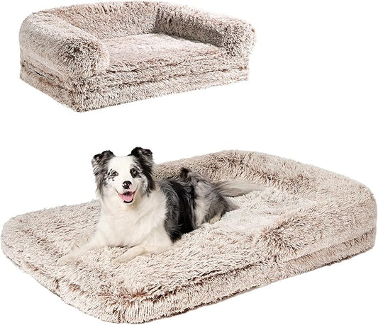 EHEYCIGA Foldable XXL Dog Bed, Faux Fur Fluffy Pet Couch Bed for Extra Large Dogs, Orthopedic Calming Memory Foam Pet Bed, Washable Soft Pet Sofa Bed with Non-Slip Bottom, Faded Brown, 54"x38"x7.5"-PawvioPets