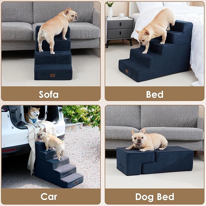 EHEYCIGA Dog Stairs for Small Dogs 13.5" H, 3-Step Dog Steps for Couch Sofa and Chair, Pet Steps for Medium Cats, Non-Slip Balanced Pet Ramp Indoor, Navy Blue-PawvioPets