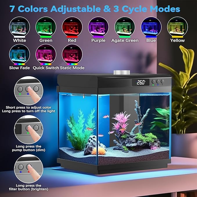 AQQA 3.7 Gallon Aquarium Starter Kit Small Glass Fish Tank with Filter and Light (10 Colors Adjustable) Desktop Self-Cleaning Betta Fish Tank Kit Office & Home Decor Idea (Black)-PawvioPets