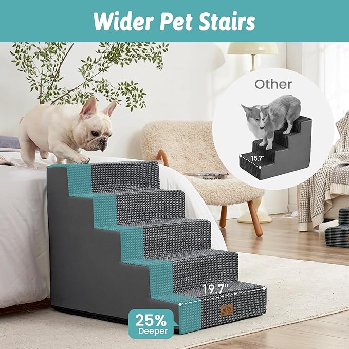 Dog Stairs for Small Dogs, 5 Tier Wider Pet Stairs for High Beds, 23.6" H Non-Slip Dog Steps for Old Cats, Puppies, Small Medium Dogs, 29.5x19.7x23.6 inch, Dark Grey-PawvioPets