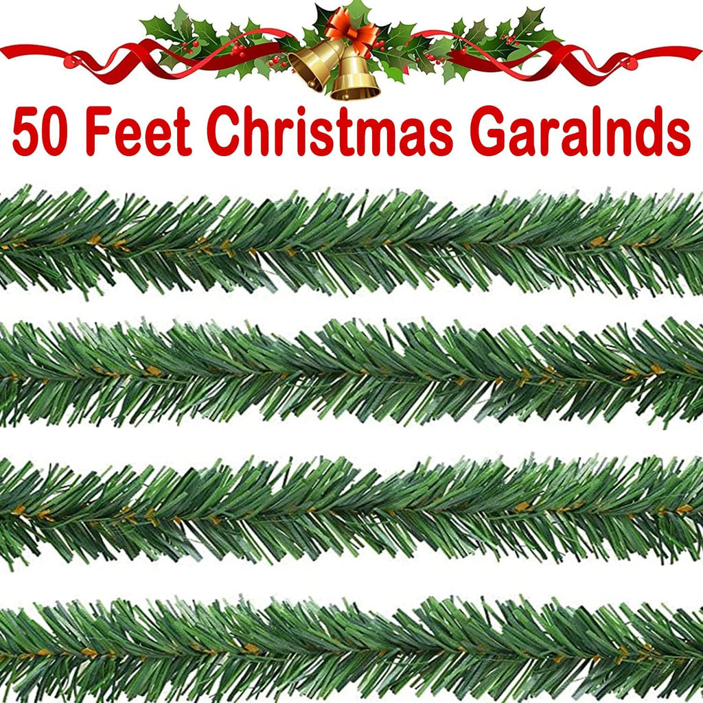 Jishi 50 FT Garland for Christmas Decorations - Non-Lit Green Soft Xmas Holiday Decor Outdoor Indoor Home Garden Artificial Greenery, Wedding Party Outside Decorations - 50Ft Long Plain Green Garland