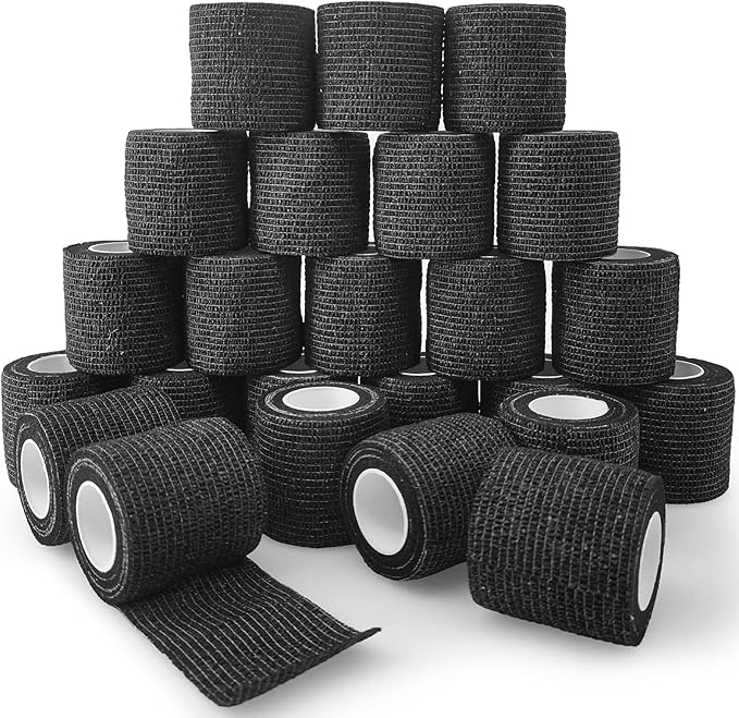 24 Rolls Black Elastic Self Adhesive Bandage Wrap, Breathable Flexible Fabric Non Woven Cohesive Bandage, Ankle Sprains Swelling Medical First Aid Sports Athletic Tape, Dogs Pet Vet Wrap 2 in-PawvioPets