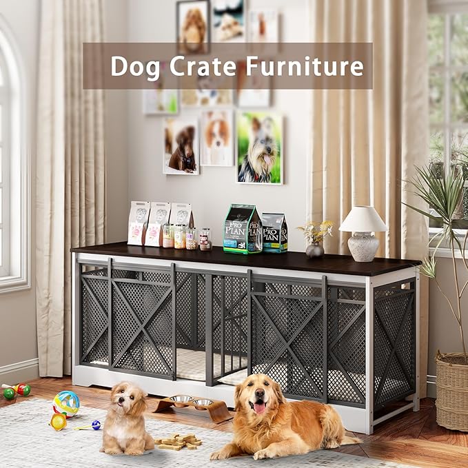 COZPAW 78 Inch Double Dog Crate Furniture, Extra Large Dog Kennel Indoor for Medium Large 2 Dogs, Heavy Duty Dog Cage Chew-Resistant Steel and Wooden Pet House with Removable Divider (White Brown)-PawvioPets