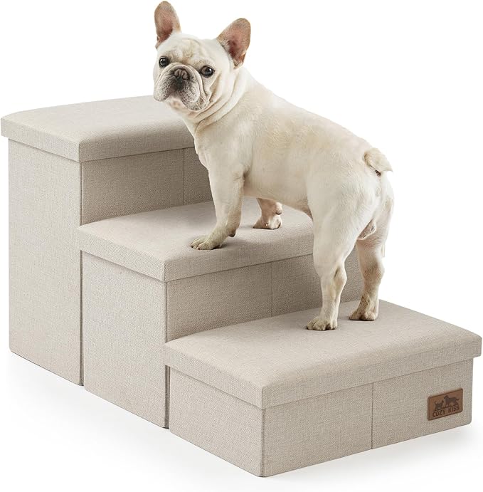 Dog Stairs with Storage, 3-Step Wider Sturdy Dog Steps for Small/Medium/Large Dogs and Older Cats, Folding Doggie Ramp for Bed/Couch/Car Hold Up to 180 lbs (16.7" H, Beige)-PawvioPets