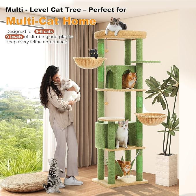 71.2" Large Cat Tree for Multi-Cat Households - 9-Level Cat Tower w/5 Sisal Scratching Posts, 2 Condos, Soft Hammock, Top Perch & Pom Poms - Heavy-Duty Space-Saving Design, Cactus Green-PawvioPets