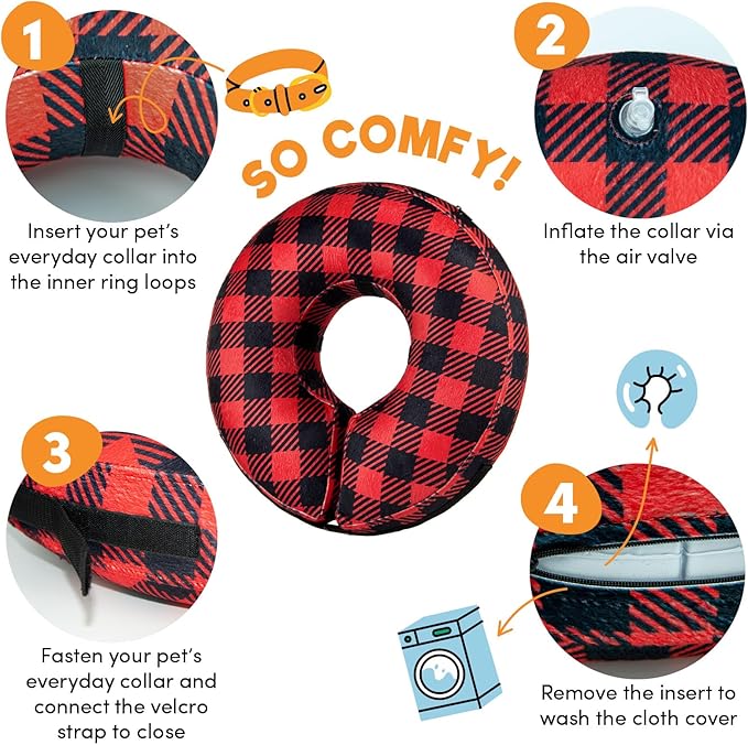 BENCMATE Inflatable Dog Cone Collar Alternative, Soft Dog Cone for Small Medium Large Dogs and Cats, Neck Recovery ECollar Donut Collar After Surgery (Large, Plaid)-PawvioPets