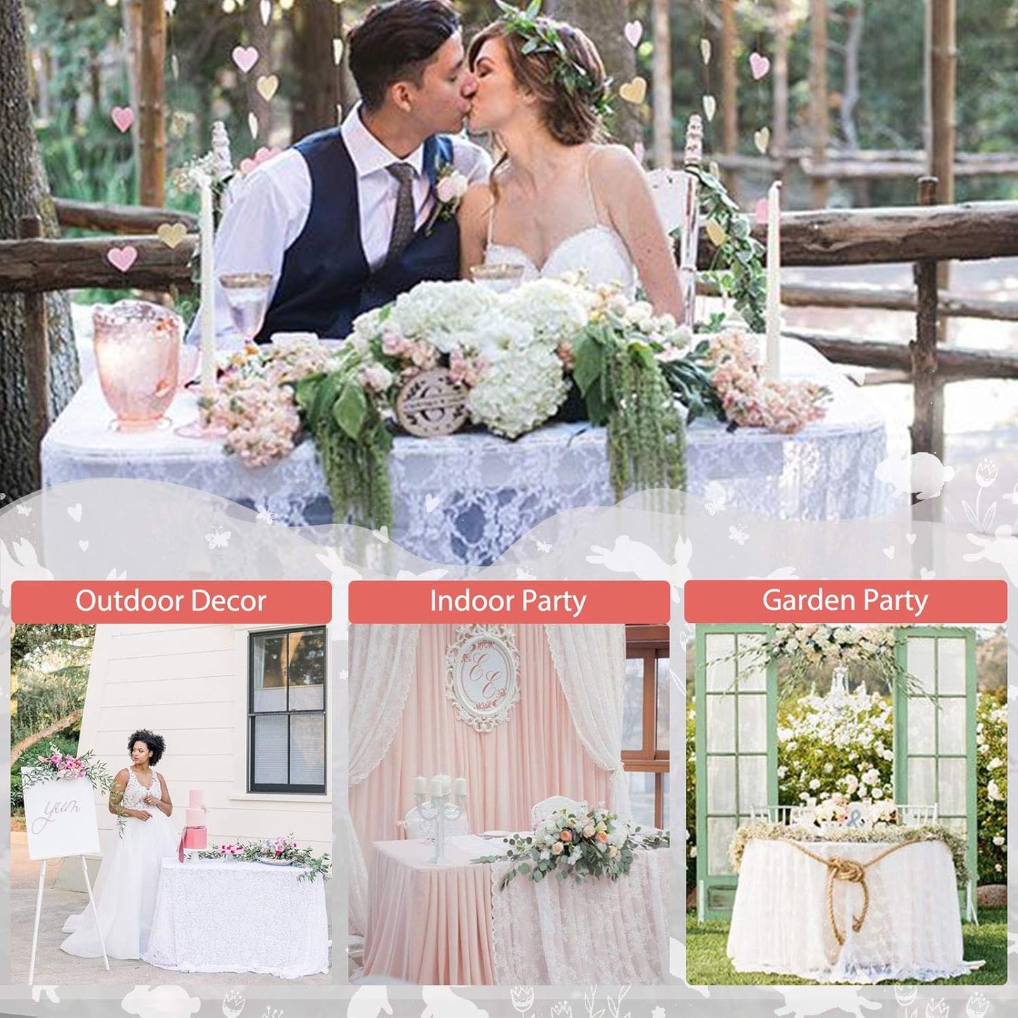 LuoluoHouse White Lace Tablecloth 6pcs Table Fabric 60x120 Inch for Rustic Boho Wedding Bridal Shower Party Decoration Rectangle Overlay Long Vintage Embroidered Reception Table Cloth Decor