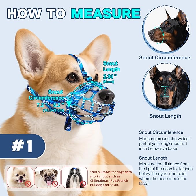 Basket Muzzle to Prevent Biting, Dog Muzzle for Large Medium Small Dogs Allows Panting Drinking Anti Chewing, Perfect for Grooming Trimming Training and Aggressive Reactive Dogs (Blue, Size 1)-PawvioPets