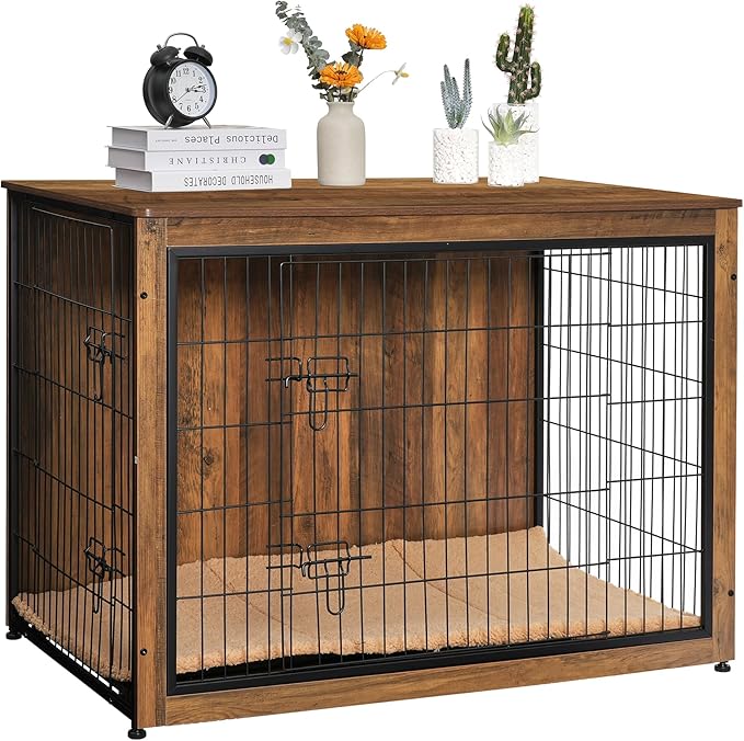 DWANTON Dog Crate Furniture with Cushion, Wooden Kennel Table with Double Doors, Indoor Dog House, Extra Large, 43.3" L, Warm Brown-PawvioPets
