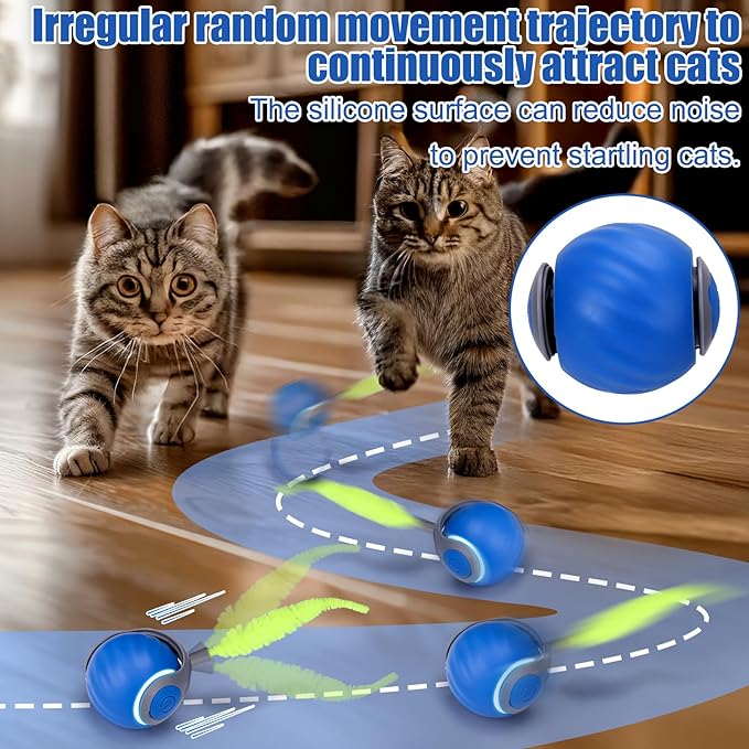 AIERSA Interactive Cat Toys for Indoor Adult Cats, Automatic Self-Play Cat Ball Toy for Kitten to Keep Them Busy, Electric Speed Tail Moving Cat Toy with 3 Tails and 4 Springs (Blue)-PawvioPets