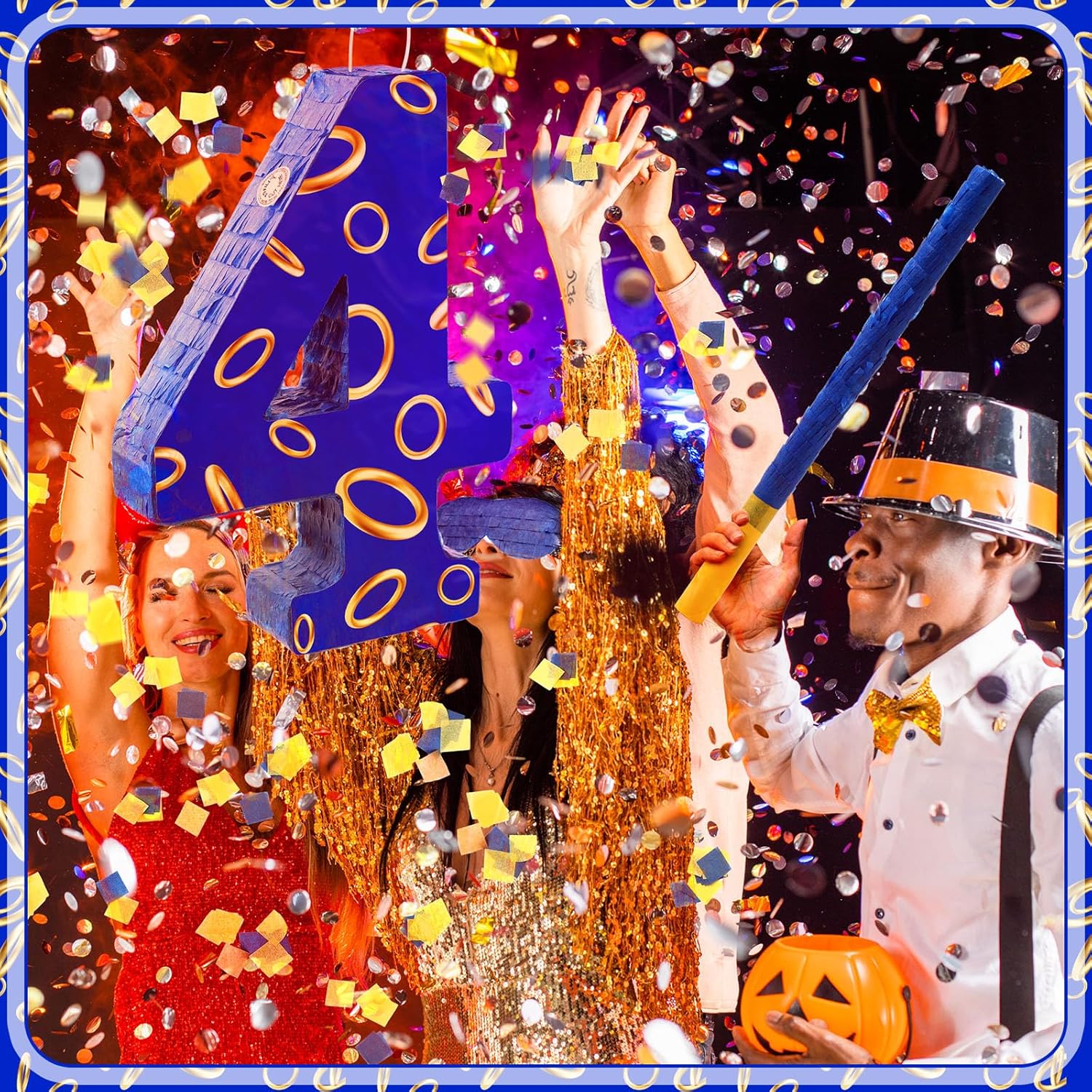 Number 4 Blue and Golden Rings Piñata for Kids Birthday Cartoon Theme Small Piñata with Blindfold Stick Confetti for Fiesta Cinco De Mayo Party Decor, 15.8 x 11 x 2.8 Inch
