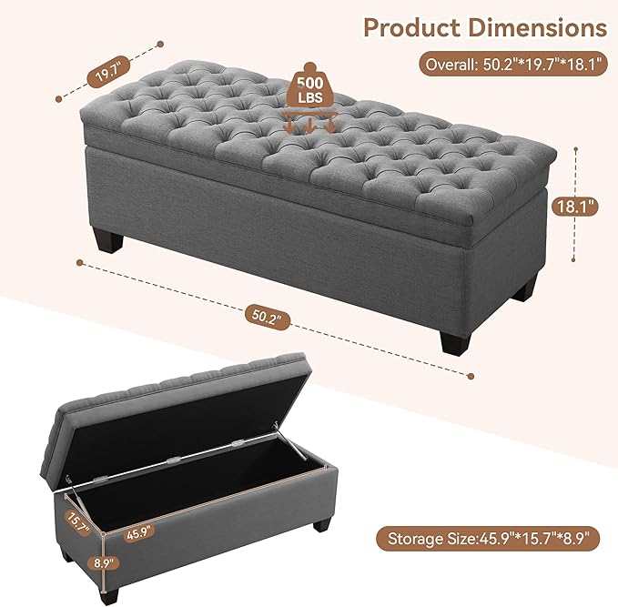 51" Fabric Storage Ottoman Bench, Upholstered Rectangle End of Bed Storage Ottoman Tufted Living Room Bedroom Bench with Safety Hinge, Solid Wood Legs, Loads 500 lb(Dark Grey)-PawvioPets
