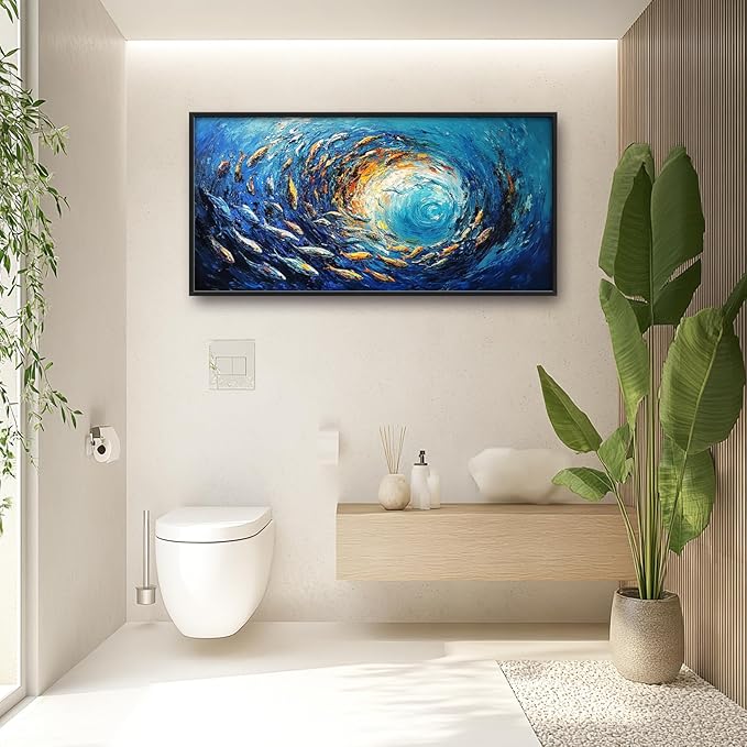 Extra Large Framed Abstract Ocean Fish Wall Art,Oversized Blue Sea Nautical Fish Wall Decor Pictures for Living Room,Canvas Print Painting Modern Artwork Bedroom Office Bathroom Home Decor 60L x30W-PawvioPets