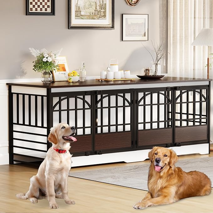 COZPAW 86 Inch Double Dog Crate Furniture for 2 Large Dogs, Decorative Dog Kennel Indoor TV Stand, Heavy Duty Wooden Dog Cage for Large Medium Dogs Sized Dog Pet House with Divider (White)-PawvioPets