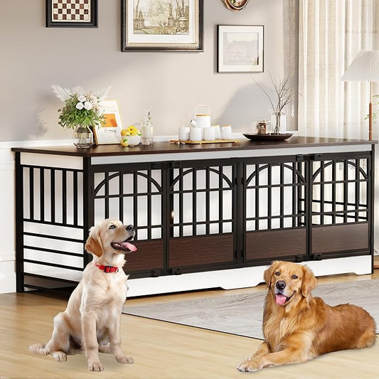 COZPAW 86 Inch Double Dog Crate Furniture for 2 Large Dogs, Decorative Dog Kennel Indoor TV Stand, Heavy Duty Wooden Dog Cage for Large Medium Dogs Sized Dog Pet House with Divider (White)-PawvioPets