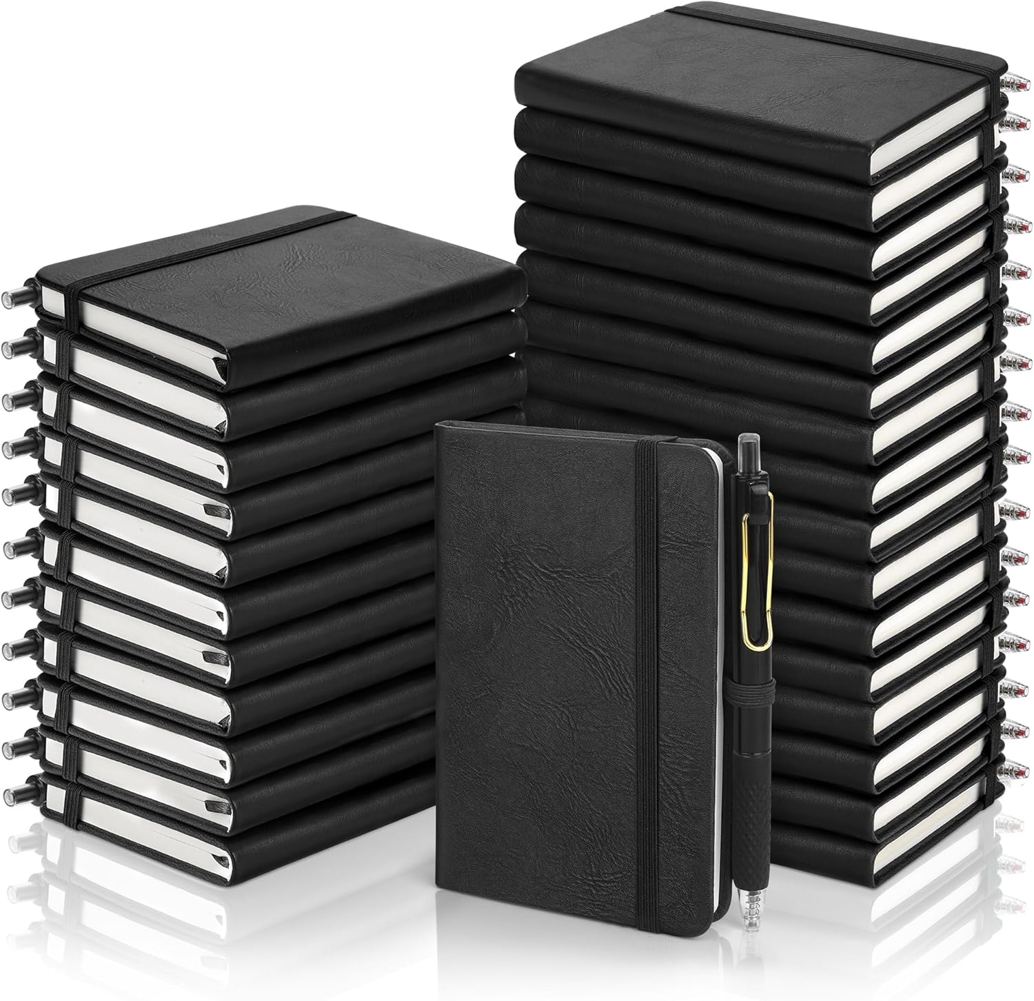 Aodaer 50 Sets Pocket Notebook Journal with Pens, 160 Pages, 3.5 x 5.5 Inch Mini Lined Journal Notebook A6 Leather Hardcover College Ruled Notepad with Pen Holder for School Office Gifts, Black