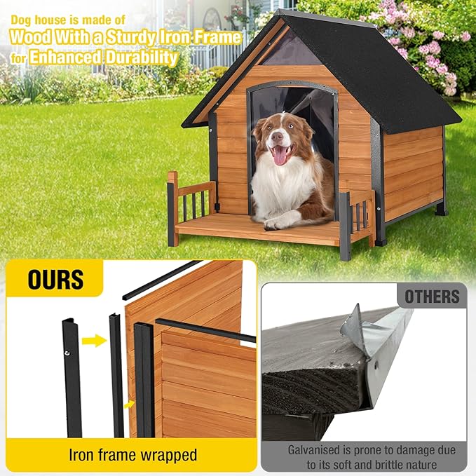 AIVITUVIN Outdoor Dog House with Anti-Chewing Durable Metal Frame Dog Kennel for Large Breed Dog Shelter Weatherproof (Brown 50.9" D x 37.4" W x 37.2" H-PawvioPets