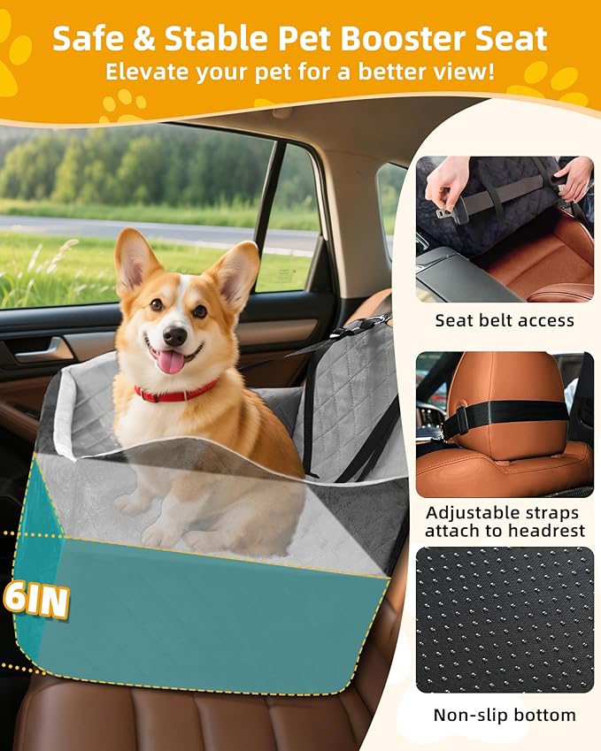 Car Seat Booster for Dog: High-Support Memory Foam Pet Car Seat for Small/Medium Dogs Under 35lbs with Elevated Cushion, Pockets - Detachable Washable Puppy Travel Bed for Driving(Black/Grey)-PawvioPets