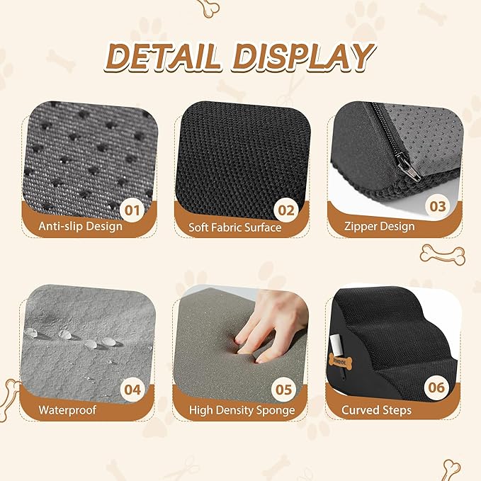 Dog Stairs, Romrol Dog Steps Ramp for High Bed and Couch, Dogs Ramp with Durable Non-Slip Waterproof Fabric Cover, Pet Stairs for Small Dogs and Cats or Pets Joints, 4-TiersBlack-PawvioPets