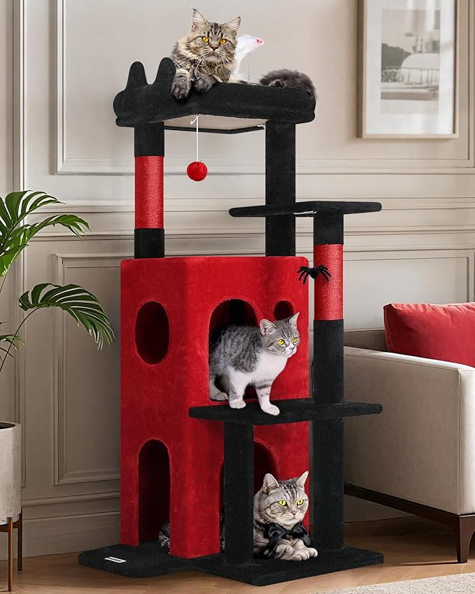 Globlazer Gothic Cat Tree Tower for Indoor Cats, 50-inch Goth Adult Cat Tree House for Large Adult Cats with Steps, Scratching Post, 2 Cat Caves, Dangling Toys, FC50, Blood-Goth-PawvioPets