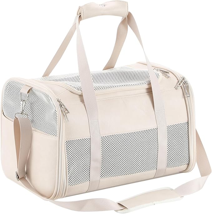 Fashion Leather Dog Carrier, Airline Approved Cat Carrier Soft Sided Pet Bag Carrier Purse for Puppy Kitten Small Animals White-PawvioPets