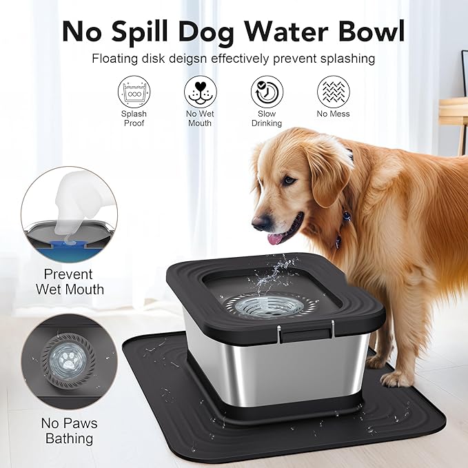 Decflow 10L Stainless Steel Dog Water Bowl, No Spill Anti-Splash Dog Bowls with XXL Silicone Mat, Spill-Proof Slow Feeder for Messy Drinkers, Heavy Duty Pet Bowls for Indoor/Outdoor Use Black-PawvioPets