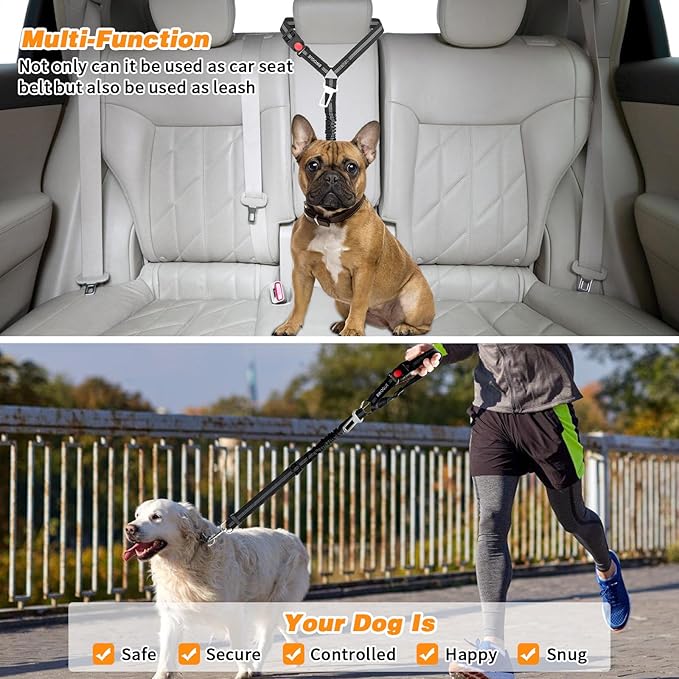 BWOGUE 2 Piece Dog Seat Belt for Car with Elastic Bungee Buffer Safety Seatbelt Car Headrest Restraint Wear Adjustable Metal Buckle Harness in Vehicle Travel for Pet-PawvioPets