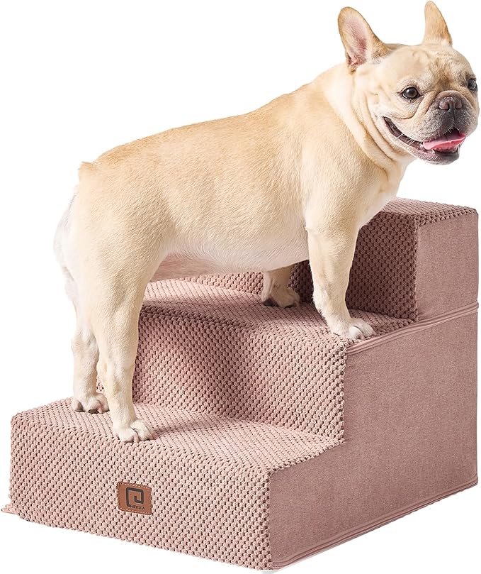 EHEYCIGA Dog Stairs for Small Dogs 13.5" H, 3-Step Dog Steps for Couch Sofa and Chair, Pet Steps for Medium Cats, Non-Slip Balanced Pet Ramp Indoor, Pink-PawvioPets