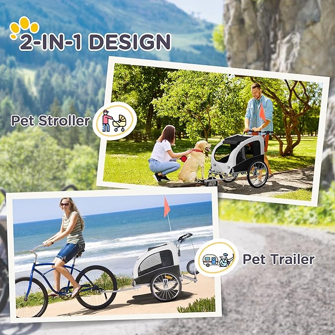 Aosom Dog Bike Trailer 2-in-1 Pet Stroller with Canopy and Storage Pockets-PawvioPets