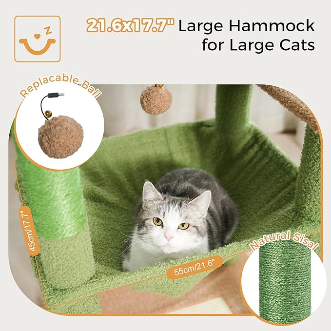 54” Cat Tree for Large Cats Big Cat Tower with Enlarged Hammock 21.6x17.7” Spacious Cats Condo House, Roomy Top Bed,Multiple Scratch Posts and Pad for Indoor Adult Cats (Green, Large-54)-PawvioPets