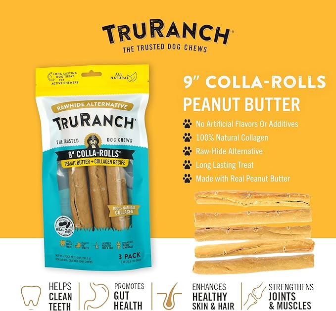 Collagen Rolls - 9" Collagen Rolls for Dogs - Long Lasting Healthy Joint Support Dog Treat - Rawhide Alternative - Skin & Coat Health - Made with Real Peanut Butter, 1 Bag, 3 Count-PawvioPets