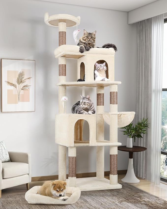 Globlazer Heavy Duty Cat Trees for Large Cats, Sturdy 72in Maine Coon Cat Tree for Large Cat 20 lbs+ Heavy Duty Cat Tower for Adult Biggest Cats with 6 Scratching Posts, Hammock, S72, Beige-PawvioPets
