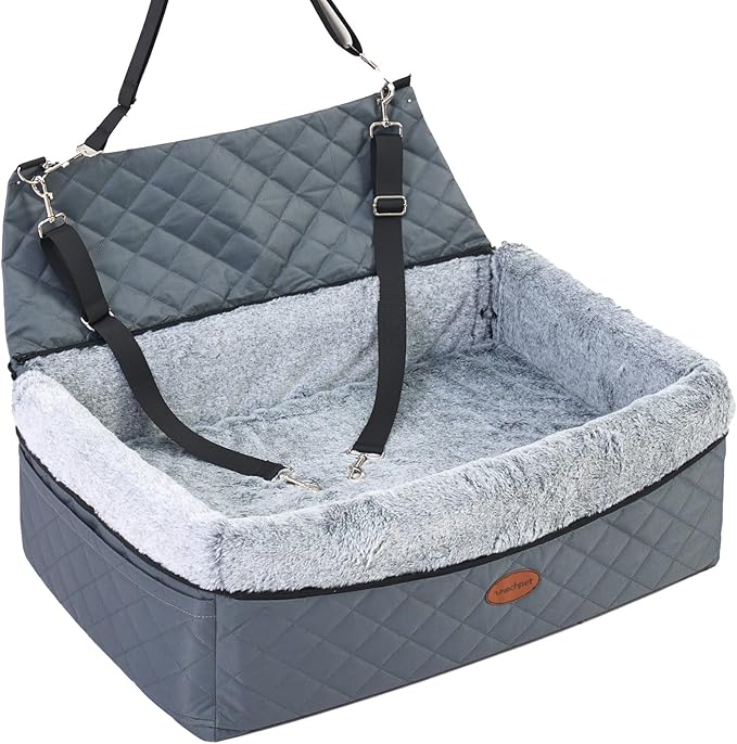 Dog Car Seat for Large/Medium Pet, Anti Slip Bottom Dogs Booster Seat for All Seasons,Pet Travel Bed with Thick Dog Sofa Cushion, Storage Pockets 2 Safety Leashes-PawvioPets