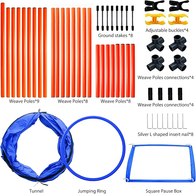 Dog Agility Training Equipment, Obstacle Agility Training Starter Kit for Doggie, Including Tunnel, 27 Weave Poles, Adjustable Hurdle, Jump Ring, Pause Box and Carrying Bag(Blue,L)-PawvioPets