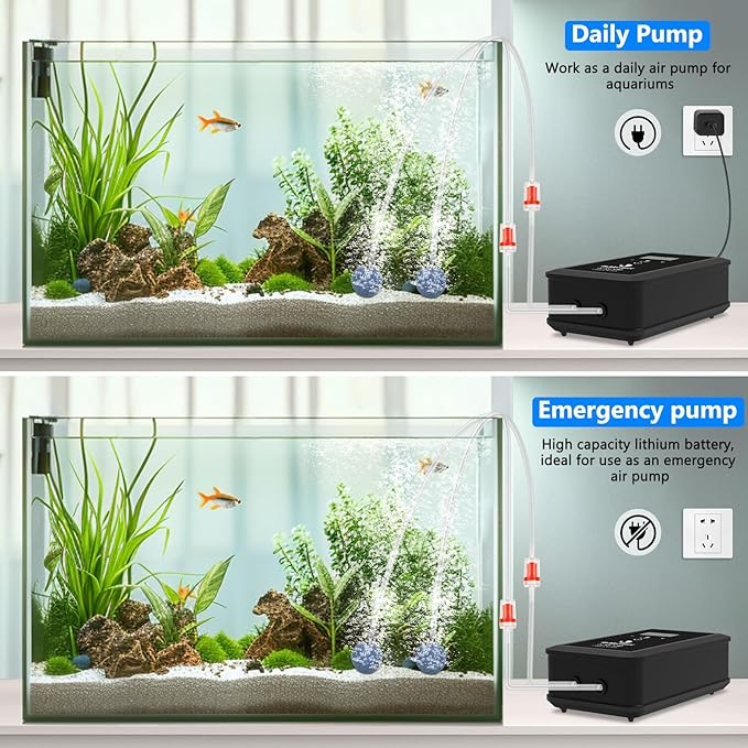 fishkeeper Rechargeable Aquarium Air Pump, 8W 130GPH Ultra Quiet Fish Tank Air Pump for 10-120 Gallon Tanks Adjustable Oxygen Aerator Pump for Outdoor-Fishing, Power Outages and Emergency-PawvioPets