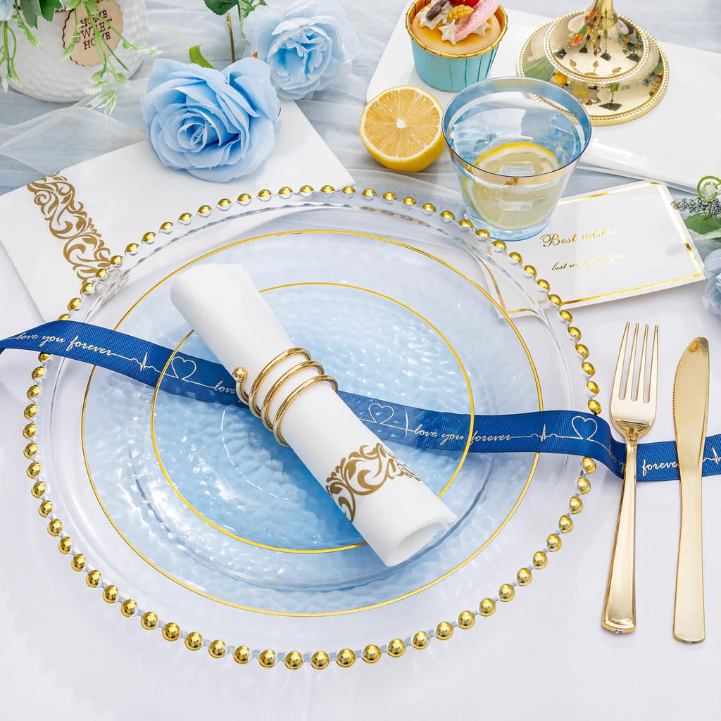 Rubtlamp 350 Pcs Clear Blue Plastic Plates, Blue Gold Plastic Dinnerware Set (50 Guests), Blue Disposable Plates With Gold Rim, Hammered Party Plates Set for Christmas Wedding And Party