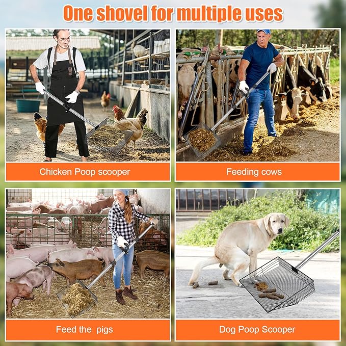 15 inch Large Chicken Poop Scooper with Ergonomic Grip, 6 in 1 Detachable Chicken Scooper for Poop Shovel (20 to 79"), Stainless Steel Sifting Shovel for Chicken Coop/Goat Stall/Stable Cleaning Tool-PawvioPets